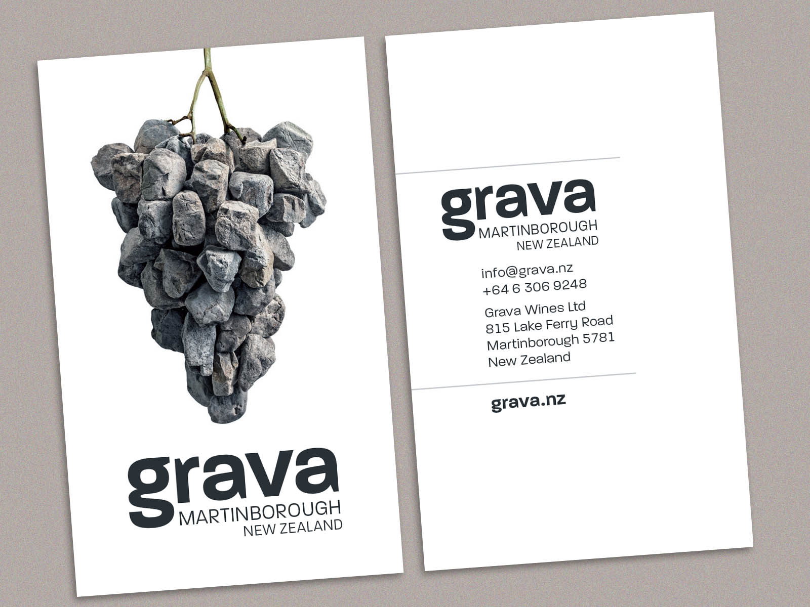 Photo shows Grava business cards.