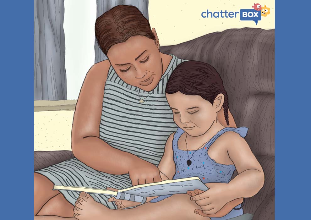 Chatterbox Illustration of Mum reading to child.