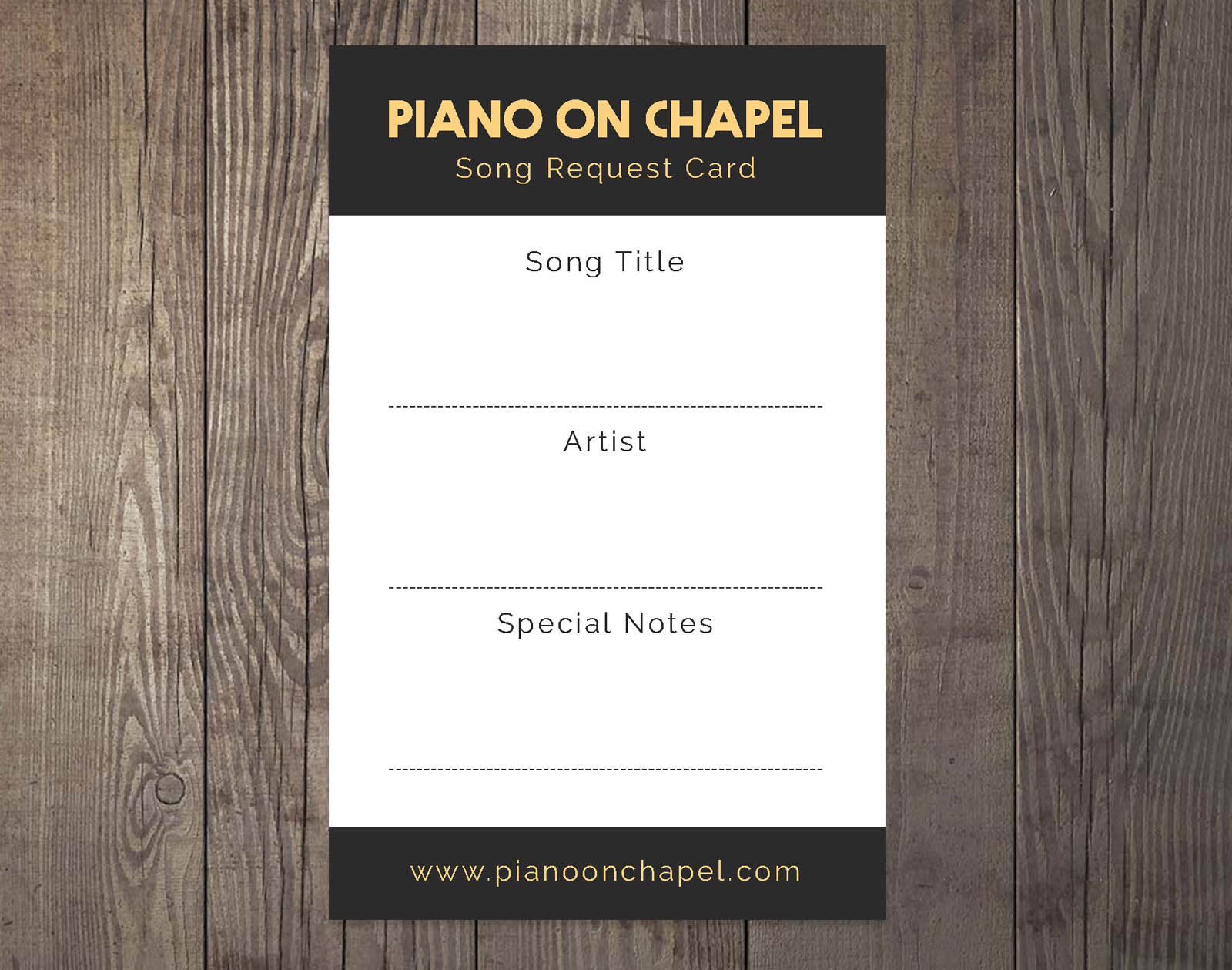 Piano on chapel song booking card